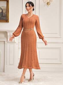 Modelyn Solid V Neck Lantern Sleeve Sweater Dress Without Belt Fall Cloth For Women - Coral Pink - View 6