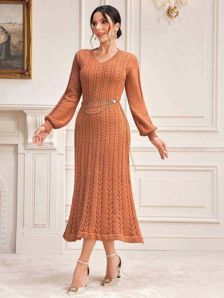 Solid V Neck Lantern Sleeve Sweater Dress Without Belt Fall Cloth For Women
