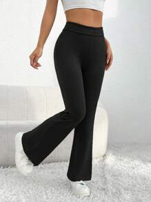 SHEIN PETITE Chất rắn Chân bùng Đen Quần - màu đen - Xem 5