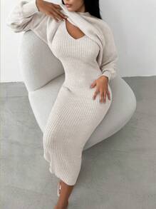 EURMUSE Mock Neck Drop Shoulder Sweater & Knit Skirt - Beige - View 4