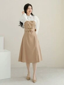 DAZY 雙色燈籠袖假兩件洋裝附腰帶 - 卡其色 - 查看 4