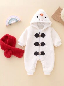 女嬰卡通刺繡3D耳朵設計連帽絨毛連身褲&圍巾適用於聖誕 - 白色 - 查看 2