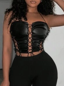 Slaydiva 2024 新款前系带短款露背上衣黑色吊带 PU 性感开叉露背吊带