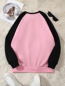 SHEIN Unity Áo nỉ tay raglan họa tiết mèo và chữ thường ngày màu tương phản dành cho nữ, mùa thu - Hồng - Xem 2