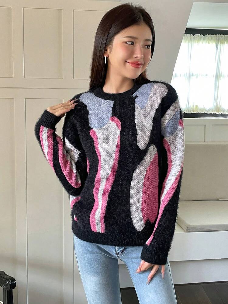 Colorblock Drop Shoulder Knit Pullover Fall Winter Sweater