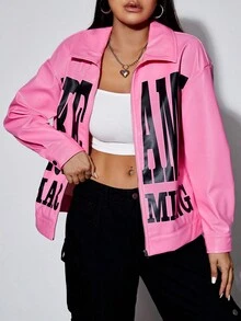 SHEIN PETITE Letter Graphic Drop Shoulder Zip Up Jacket - Pink - View 7