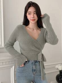 DAZY Solid Wrap Tie Side Crop Sweater - Dark Green - View 4