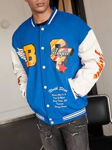 Manfinity Roghcode Abrigo acolchado de estilo universitario con bloqueo de color, gráfico con lema y ribete a rayas de corte holgado para hombre