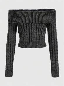 ROMWE Grunge Punk Off Shoulder Gấp lại Áo len - Xám - Xem 1