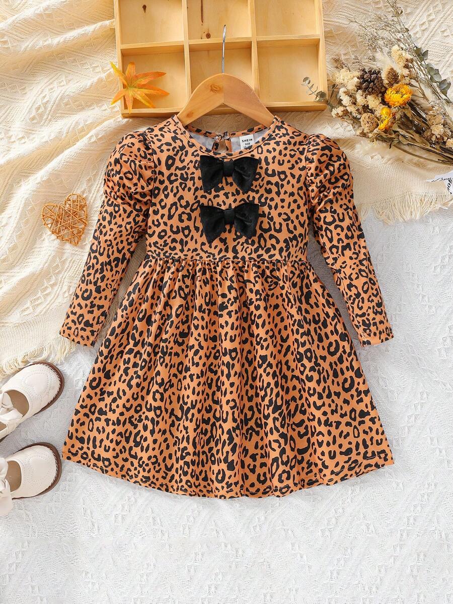 女嬰豹紋印花前蝴蝶結羊腿袖洋裝 - 彩色 - 查看 1