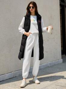 SHEIN Frenchy Długi Zima Płaszcz Kamizelka Z Nadruk - Czarne - Zobacz 4