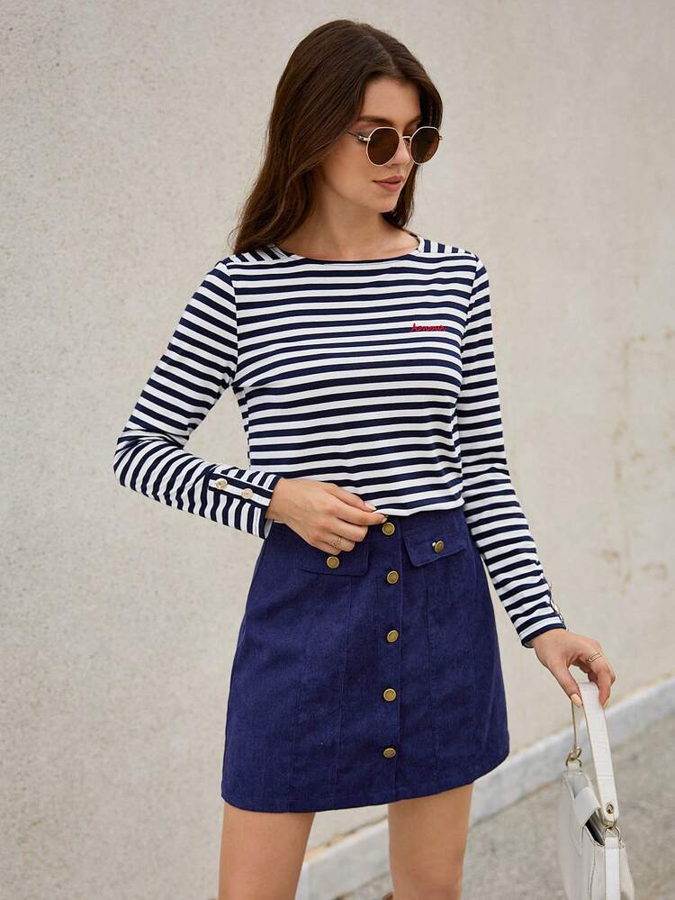 Embroidery Detail Striped Print Tee & Flap Button Front Skirt Winter Casual Blue