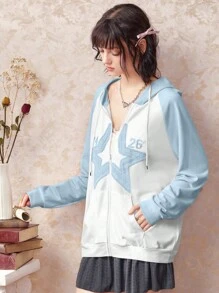 ROMWE Kawaii Star Print Raglan Sleeve Drawstring Hoodie - Baby Blue - View 5