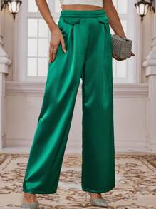 SHEIN Clasi High Waist Plicated Detail Wide Leg Pants - Green - View 6