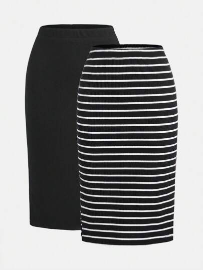 SHEIN Girlism Tween Girl 2pcs Striped Print Skirt