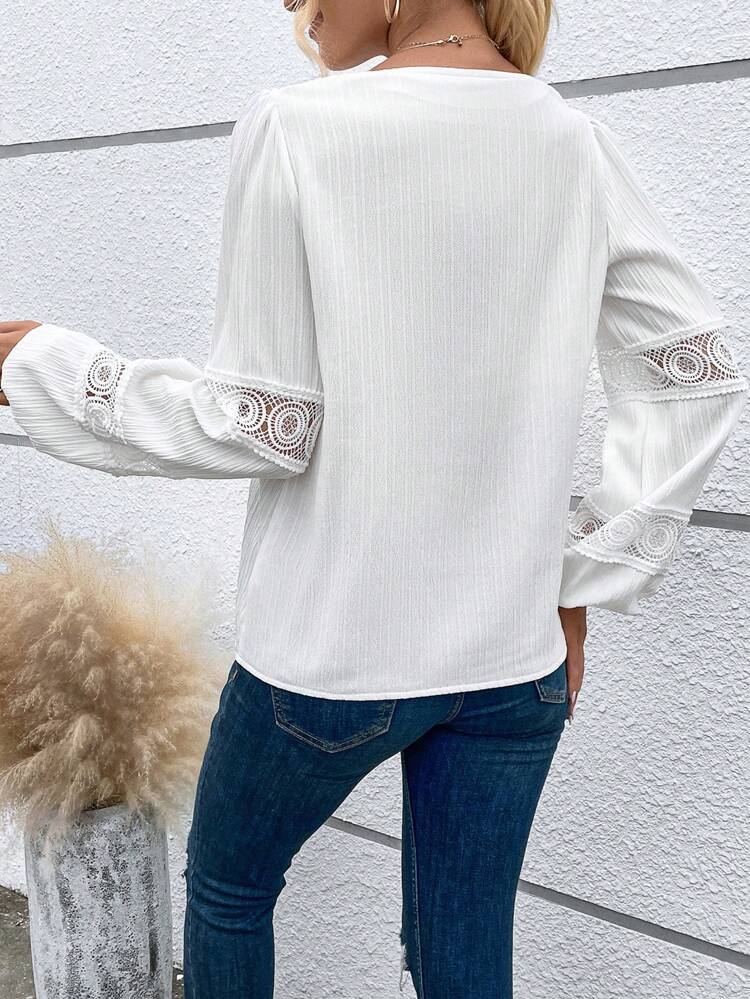 Guipure Lace Insert Lantern Sleeve Blouse