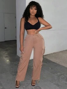 Slaydiva Pantalones cargo con bolsillo lateral con solapa - Marrón - Ver 5