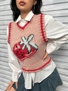 SHEIN Qutie 草莓圖案條紋飾邊毛衣背心不帶襯衫 - 粉色 - 查看 1