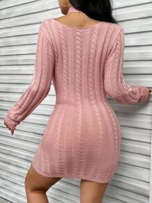 SHEIN Privé Chain Detail Cut Out Cable Knit Sweater Dress - Pink - View 2