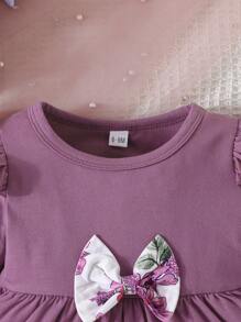 女嬰印花荷葉邊前蝴蝶結花邊下擺上衣和褲子 - 紫色 - 查看 5