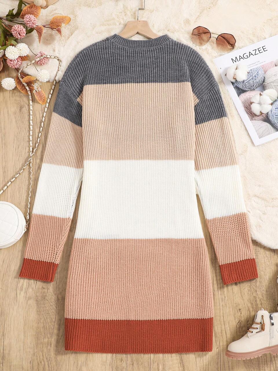 Teen Girl Color Block Drop Shoulder Sweater Dress Without Belt Autumn Fall