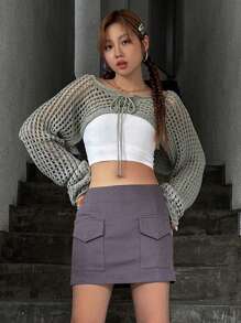 DAZY 1pc Lace Up Front Crop Open Knit Cardigan Sheer - Green - View 4