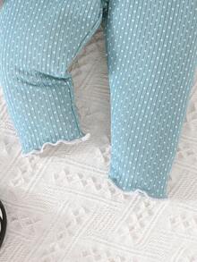 女嬰波卡圓點木耳邊花邊下擺上衣&緊身打底褲