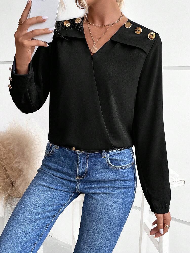 Button Detail Surplice Neck Blouse Fall Cloth For Women