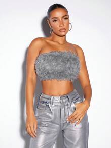 SHEIN BAE Solid Fuzzy Tube Top - Light Grey - View 4