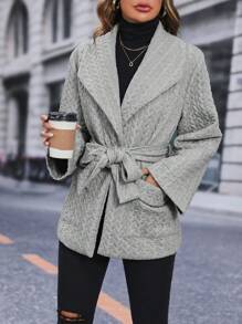 SHEIN LUNE Belted Quilted Coat Fall Cloth For Women - Light Grey - View 4