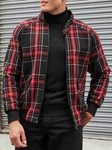 RueChic Men Plaid Print Raglan Sleeve Jacket - Red - View 3