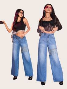 SHEIN Pha lê Viền rìa quần ống rộng Quần jean - Rửa trung bình - Xem 7