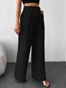 EURMUSE Solid Slant Pocket Wide Leg Suit Pants - Black - View 4