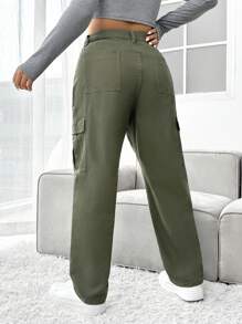 SHEIN EZwear Hơn Túi nắp bên cạnh Quần jean chở hàng - xanh quân đội - Xem 2