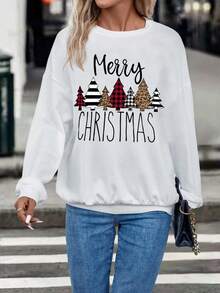 SHEIN EZwear 聖誕圖案落肩袖運動衫 - 白色 - 查看 5