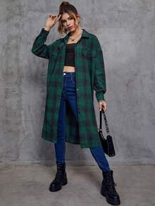 SHEIN EZwear Plaid Print Drop Shoulder Flap Detail Button Front Shirt - Green - View 7