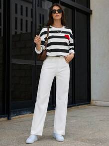 SHEIN Frenchy Women's Heart Patch Design Two-tone Striped Drop Shoulder Sweatshirt - Black and White - View 6