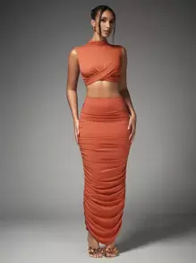 SHEIN BAE 2 件套女士半高领荷叶边新年晚会套装