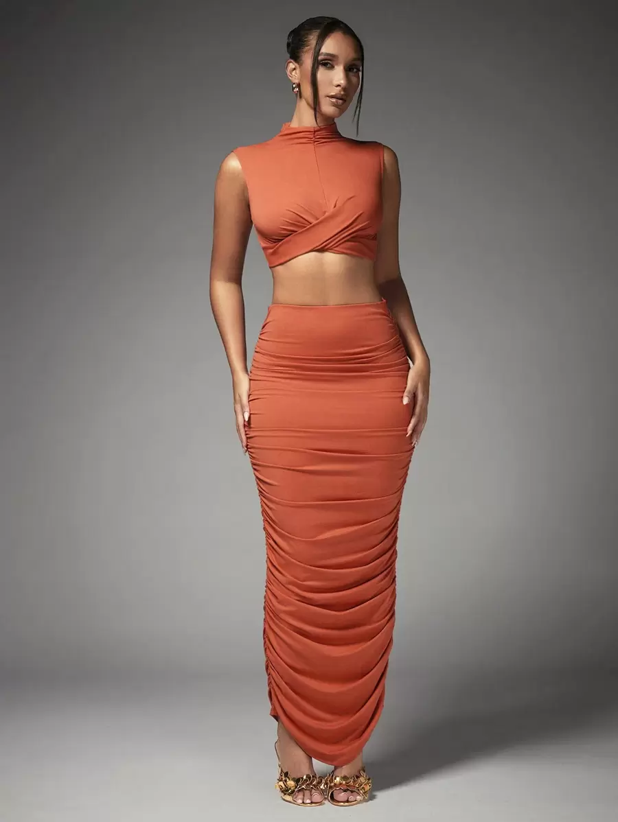 SHEIN BAE 2 件套女士半高领荷叶边新年晚会套装