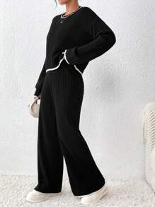 SHEIN LUNE Contrast Binding Drop Shoulder Sweater & Wide Leg Knit Pants - Black - View 3