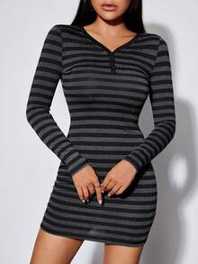 SHEIN PETITE 條紋印花前紐扣緊身洋裝 - 黑色 - 查看 6
