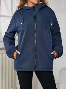 SHEIN Unity Dây kéo áo có mũ Lót Teddy áo - Màu xanh hải quân - Xem 7