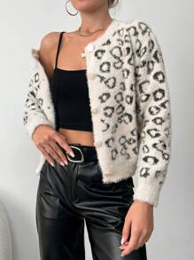 豹紋圖案絨毛針織開襟衫 - 棕色 - 查看 4