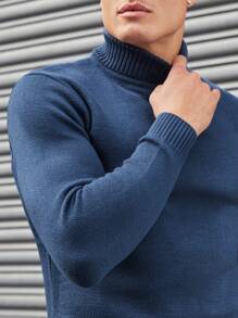 EURMUSE Hombres Jersey unicolor cuello alto - Azul - Ver 5