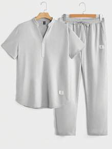 Manfinity VCAY Loose Letter Patched Detail Tee & Drawstring Waist Sweatpants Set For Men - Grey - View 5