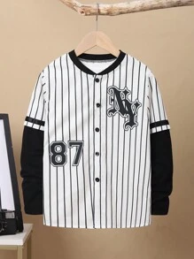 SHEIN 男大童條紋和字母圖案棒球領二合一襯衫 - 黑色 - 查看 3