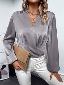 SHEIN Clasi Notched Neckline Lantern Sleeve Blouse