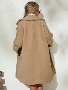 SHEIN Essnce Dài Lớn Cổ áo tây Màu thuần Áo Teddy Jackets - Màu Khaki - Xem 2