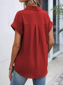 EMERY ROSE Solid Batwing Sleeve Button Front Shirt For New Year Clothes,Short Sleeve Tops - Red - View 2