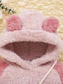 SHEIN 女嬰3D耳朵設計插肩袖連帽絨毛洋裝附包 - 粉色 - 查看 6